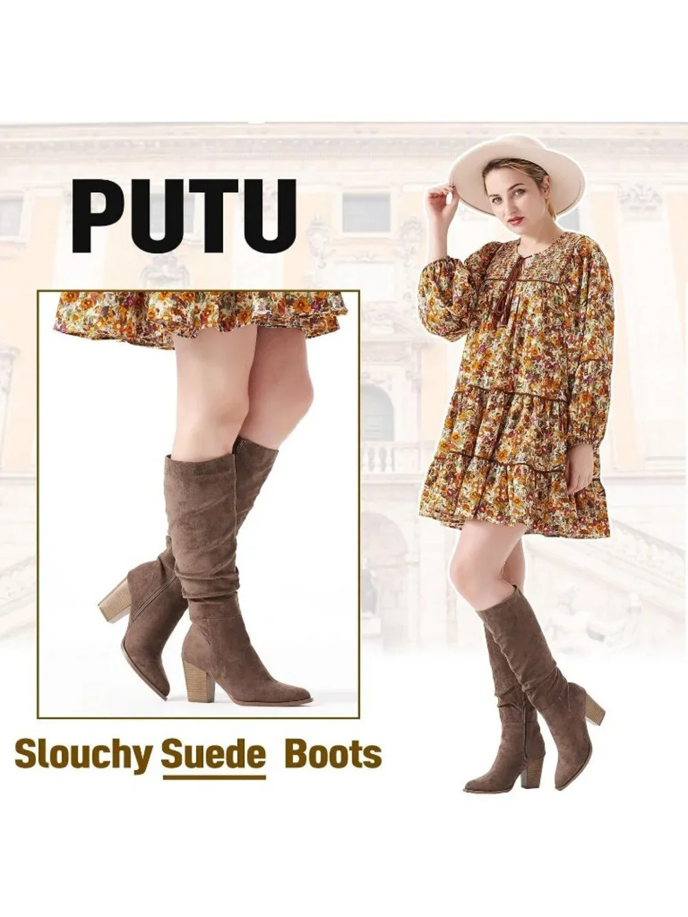 Women's  Khaki Knee High Faux Suede Pointed Toe Slouch Boots with Chunky Heel